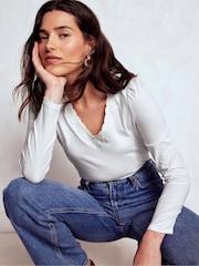 Boden White Floral Lace V-Neck Blouse - Image 1 of 5