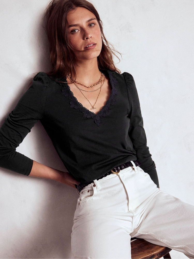 Boden Black Floral Lace V-Neck Top - Image 1 of 4