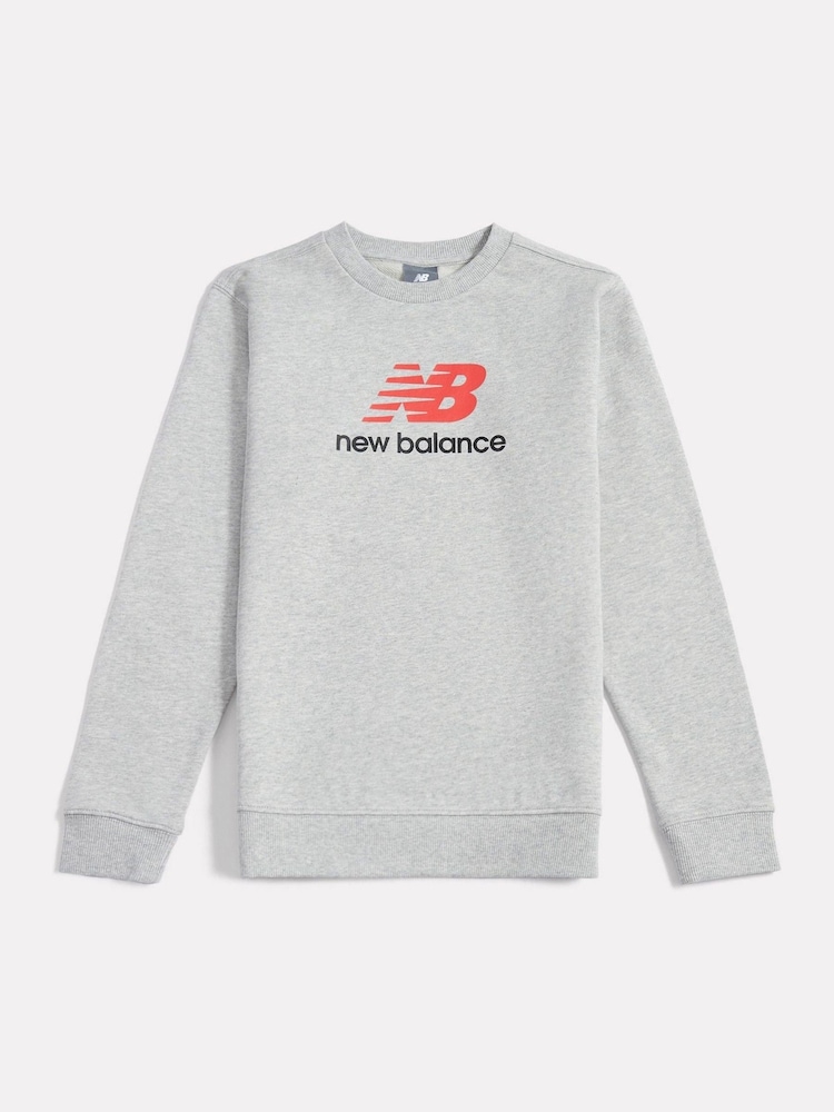 New Balance Grey Brush Back Stacked Logo Crew Sweatshirt - Image 1 of 3 New Balance Grey Brush Back Stacked Logo Crew Sweatshirt - Image 1 of 3