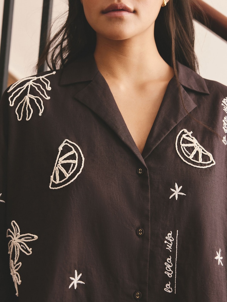 Chocolate Brown Cotton Embroidered Button Through Shorts Pyjamas Set - Image 6 of 6 Chocolate Brown Cotton Embroidered Button Through Shorts Pyjamas Set - Image 6 of 6