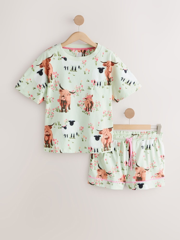Sage Green Hamish The Highland Cow Cotton Short Pyjamas Set - Image 1 of 3 Sage Green Hamish The Highland Cow Cotton Short Pyjamas Set - Image 1 of 3