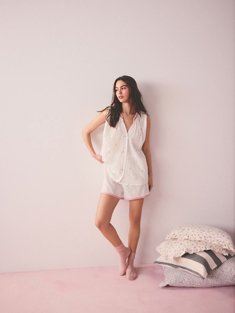 White Embroidered Tulip - Cotton Vest Pyjamas - Imaginea 2 din 10 White Embroidered Tulip - Cotton Vest Pyjamas - Imaginea 2 din 10