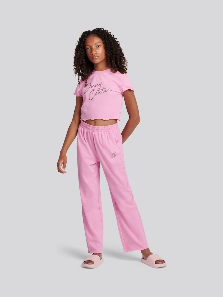 Juicy Couture Pink Script Lettuce T-Shirt and Wide Leg Pyjamas Set - Image 1 of 11 Juicy Couture Pink Script Lettuce T-Shirt and Wide Leg Pyjamas Set - Image 1 of 11