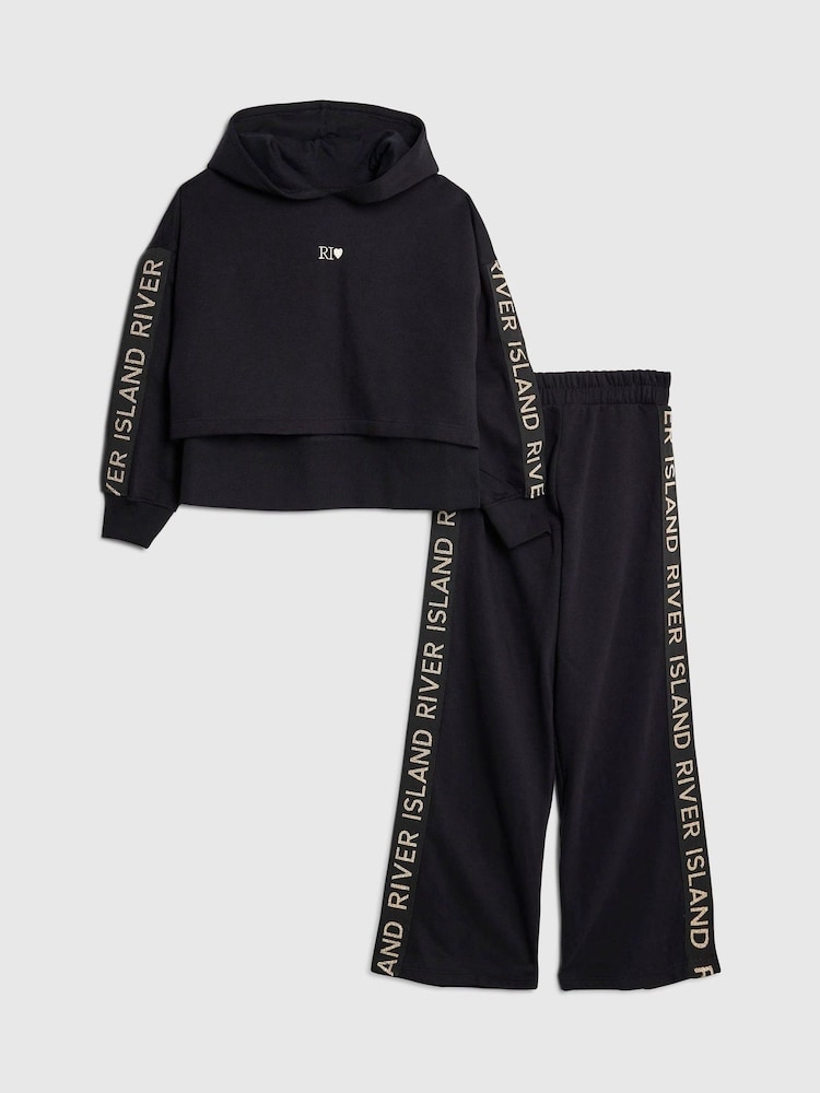 River Island Black Hooded Waistband Hoodie & Joggers Set - Image 1 of 5
