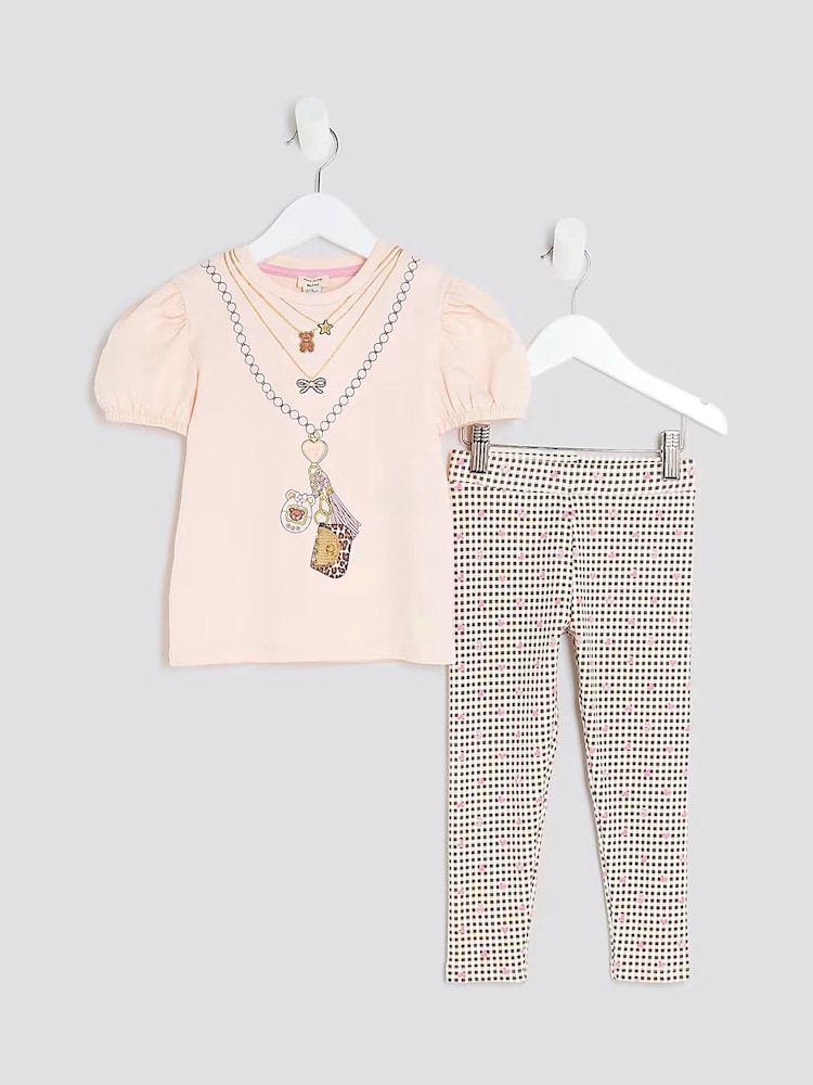 River Island Pink Necklace T-Shirt and Leggings Set - Image 1 of 5