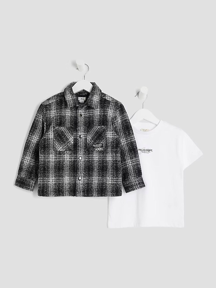 River Island Black Mono Check Shacket & T-Shirt Set - Image 2 of 7
