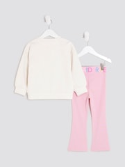River Island Cream Bow Sweatshirt & Rainbow Waistband Kickflare Leggings Set - Image 2 of 5