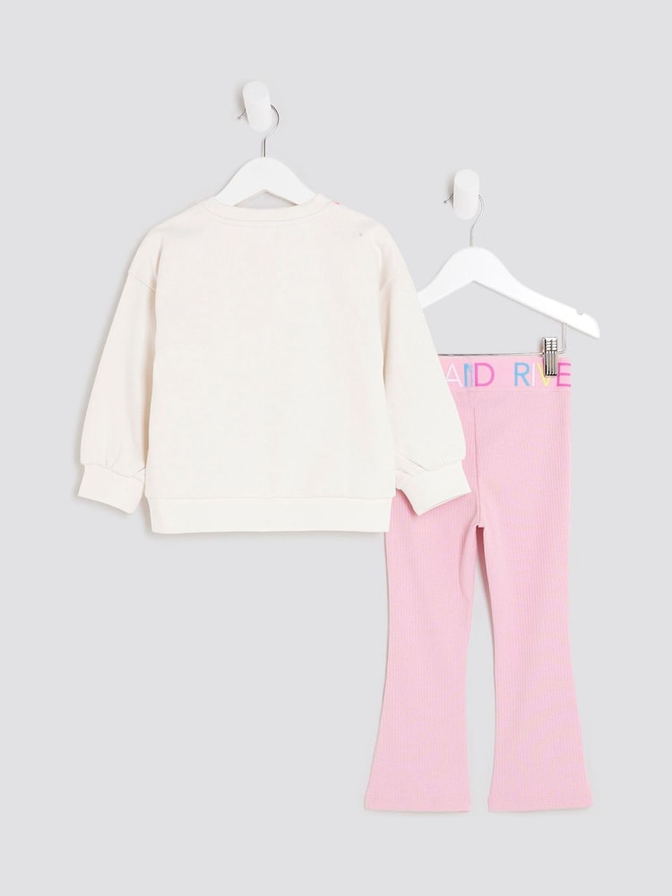 River Island Cream Bow Sweatshirt & Rainbow Waistband Kickflare Leggings Set - Image 2 of 5