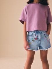 Mid Blue Embroidered Flowers Regular Length Frayed Edge Denim Shorts (3-16yrs) - Image 1 of 9