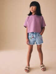 Mid Blue Embroidered Flowers Regular Length Frayed Edge Denim Shorts (3-16yrs) - Image 2 of 9