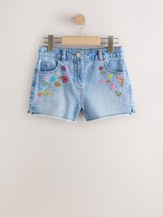 Mid Blue Embroidered Flowers Regular Length Frayed Edge Denim Shorts (3-16yrs) - Image 6 of 9