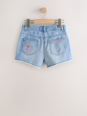 Mid Blue Embroidered Flowers Regular Length Frayed Edge Denim Shorts (3-16yrs) - Image 7 of 9