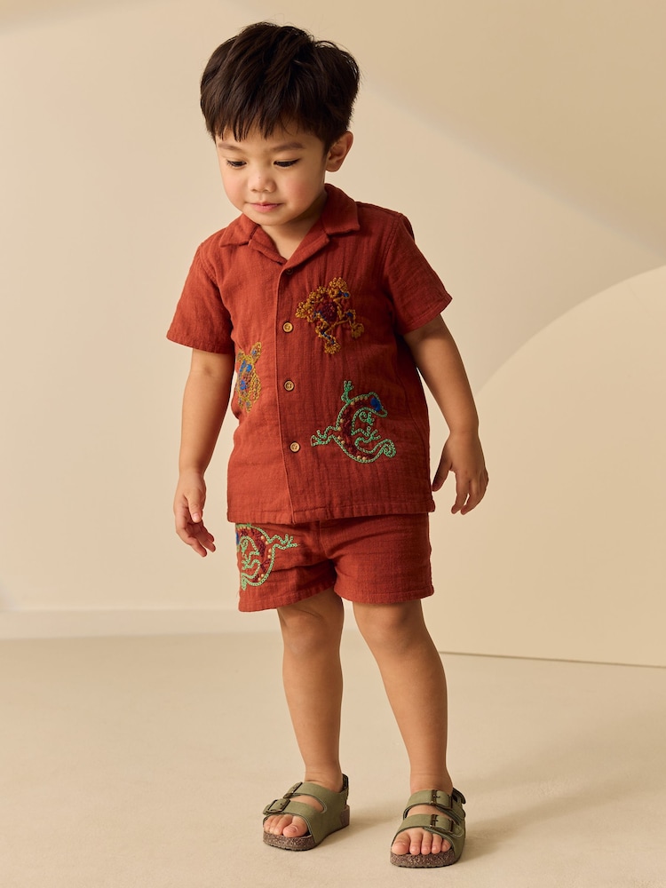 Rust Brown Ghecko Embroidery Short Sleeve Shirt & Shorts Set (3mths-10yrs) - Image 1 of 4