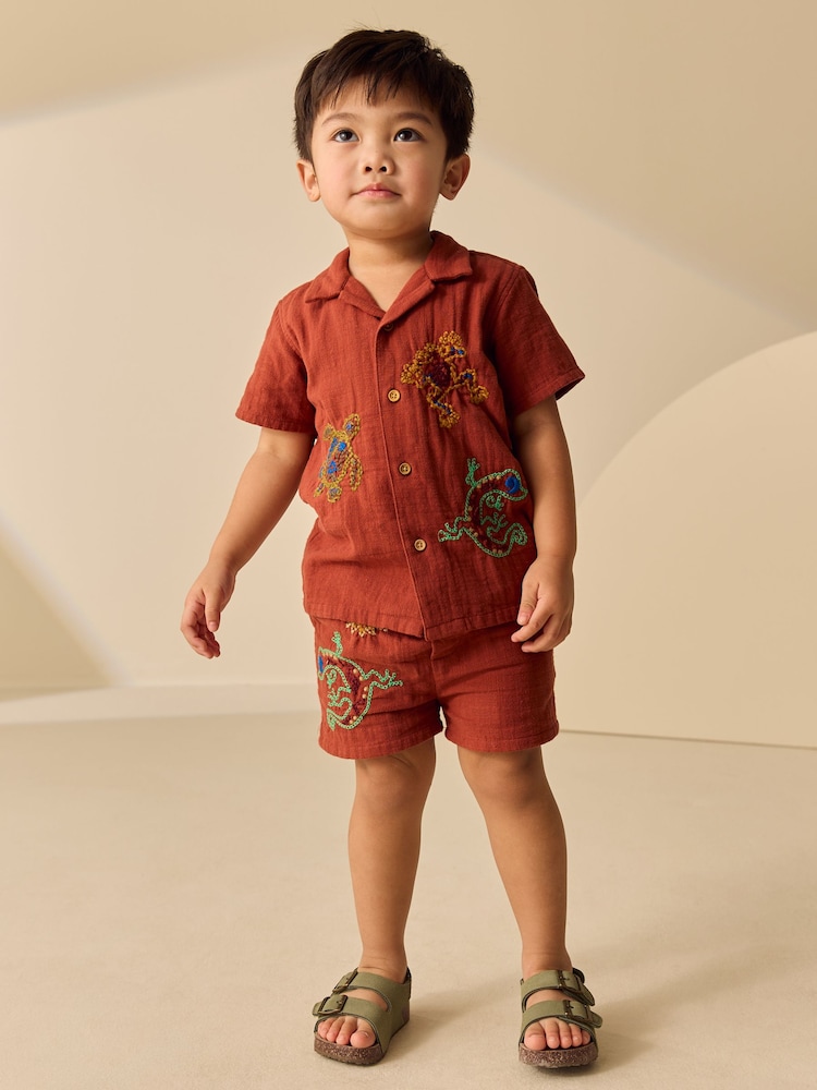 Rust Brown Ghecko Embroidery Short Sleeve Shirt & Shorts Set (3mths-10yrs) - Image 2 of 4