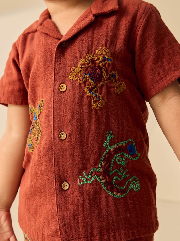 Rust Brown Ghecko Embroidery Short Sleeve Shirt & Shorts Set (3mths-10yrs) - Image 4 of 4