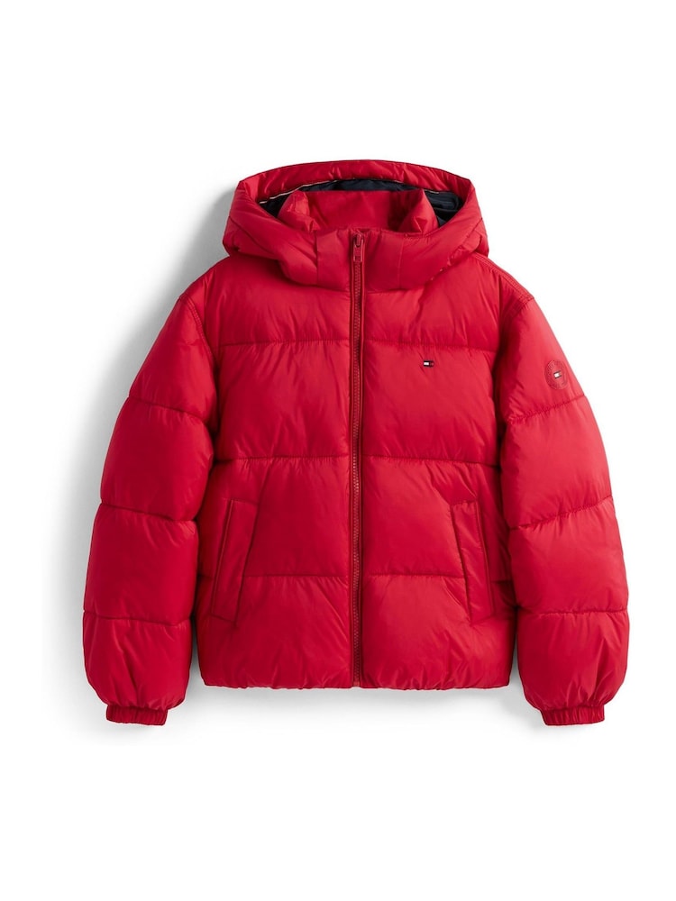 Tommy Hilfiger Red Shiny Relaxed Hooded Puffer Jacket - Image 6 of 6