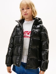 Tommy Hilfiger Black Shiny Relaxed Hooded Puffer Jacket - Image 1 of 5