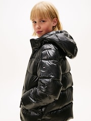 Tommy Hilfiger Black Shiny Relaxed Hooded Puffer Jacket - Image 4 of 5