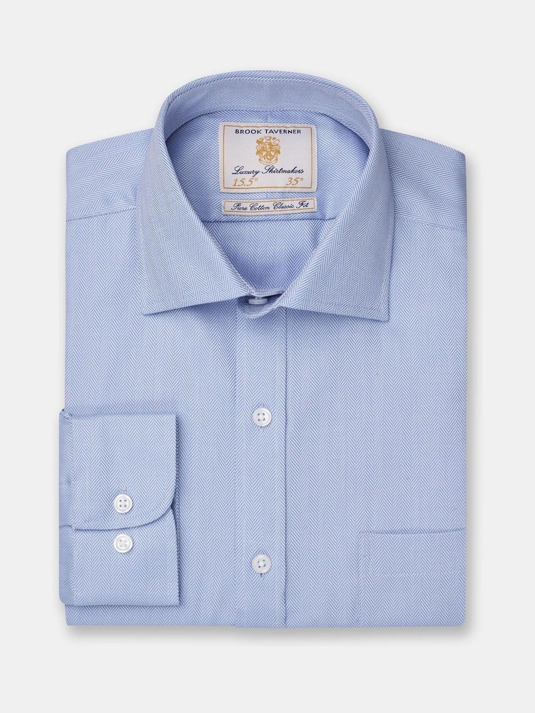 Brook Taverner Blue Single Cuff Herringbone Cotton Shirt - Image 1 of 3
