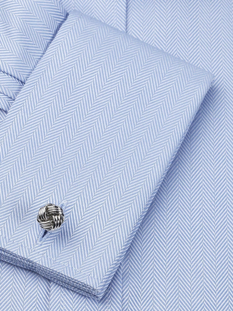 Brook Taverner Blue Tailored Fit Double Cuff Herringbone Cotton Shirt - Image 3 of 3