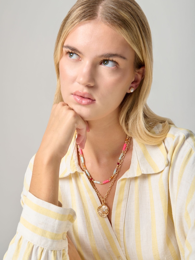 Aela Pink Natural Stone Multirow Chain Necklace - Image 1 of 3 Aela Pink Natural Stone Multirow Chain Necklace - Image 1 of 3