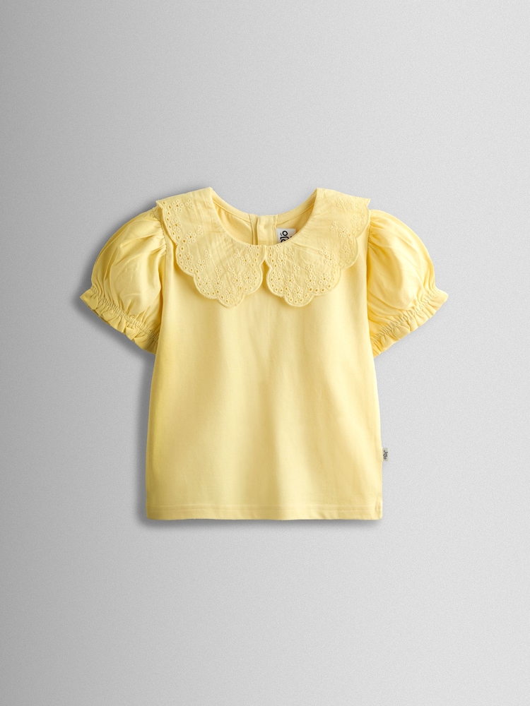 JoJo Maman Bébé Light Yellow Broderie Collar T-shirt - Image 1 of 4 JoJo Maman Bébé Light Yellow Broderie Collar T-shirt - Image 1 of 4