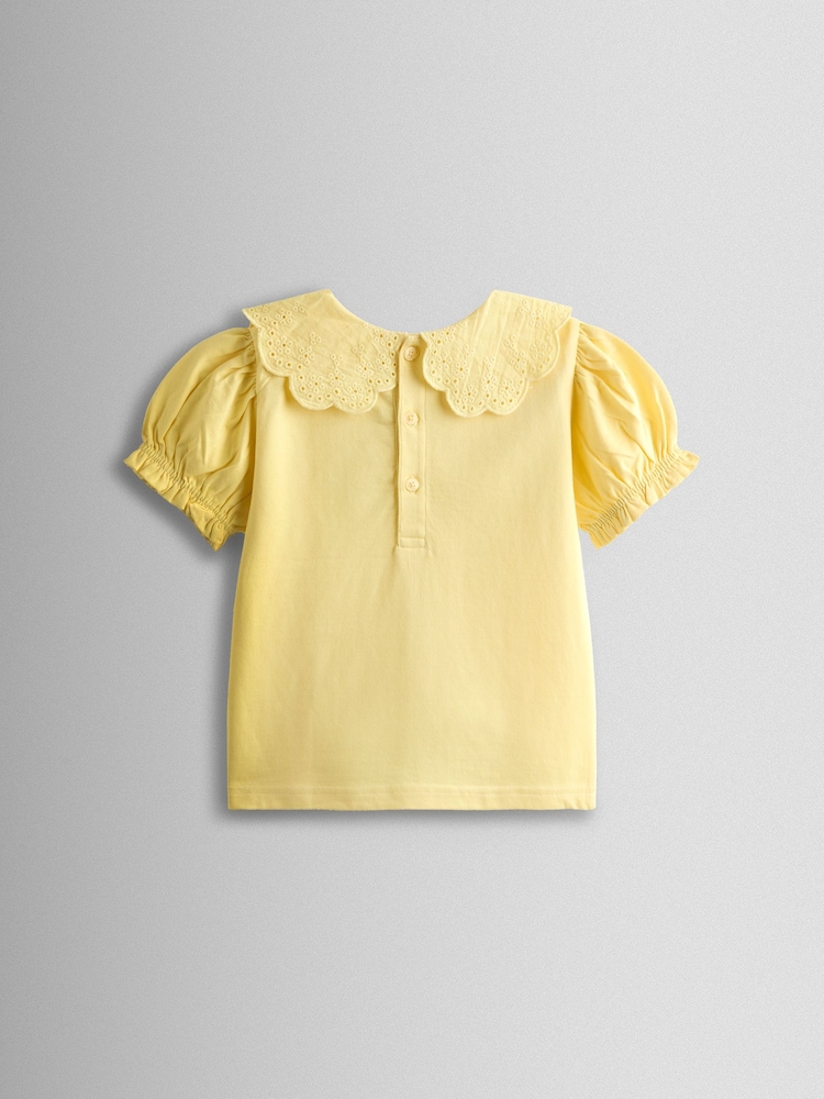 JoJo Maman Bébé Light Yellow Broderie Collar T-shirt - Image 2 of 4 JoJo Maman Bébé Light Yellow Broderie Collar T-shirt - Image 2 of 4