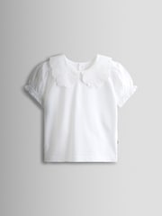 JoJo Maman Bébé Pure White Broderie Collar T-Shirt - Image 1 of 4