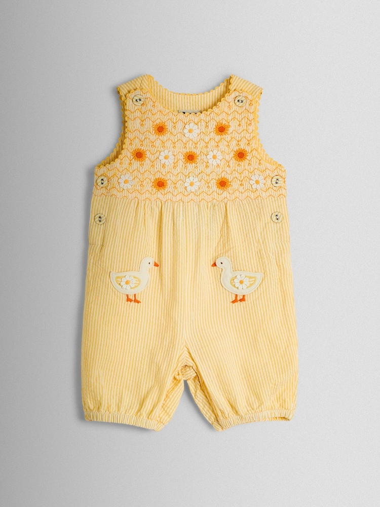 JoJo Maman Bébé Yellow Duck Appliqué Pocket Smocked Dungarees - Image 1 of 4