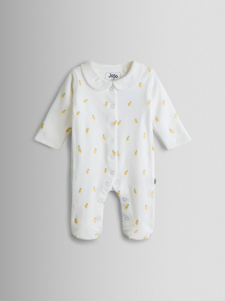 JoJo Maman Bébé White Lemon Cotton Footed Embroidered Sleepsuit - Image 2 of 5