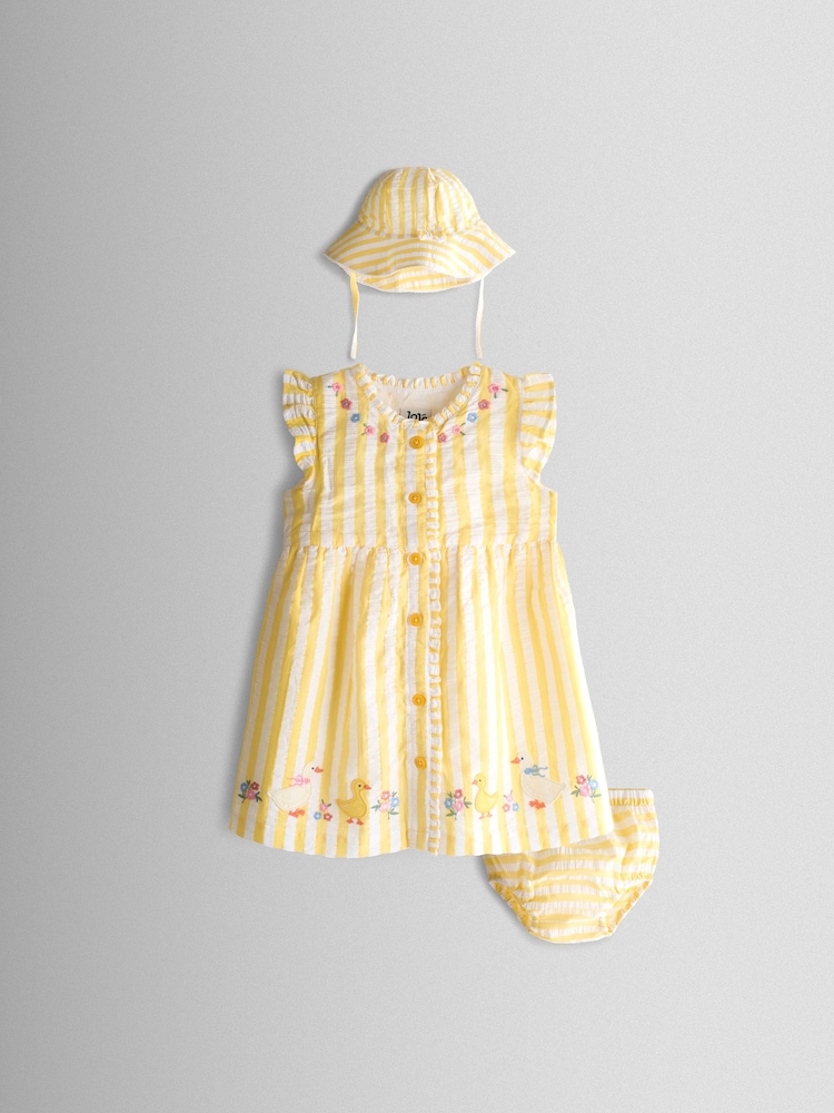 JoJo Maman Bébé Yellow Duck Appliqué Button Front Dress & Hat Set - Image 1 of 9