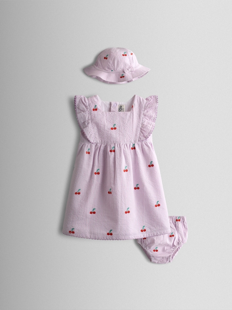 JoJo Maman Bébé Lilac Purple Cherry Embroidered Stripe Dress & Hat Set - Image 1 of 9