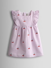 JoJo Maman Bébé Lilac Purple Cherry Embroidered Stripe Dress & Hat Set - Image 2 of 9