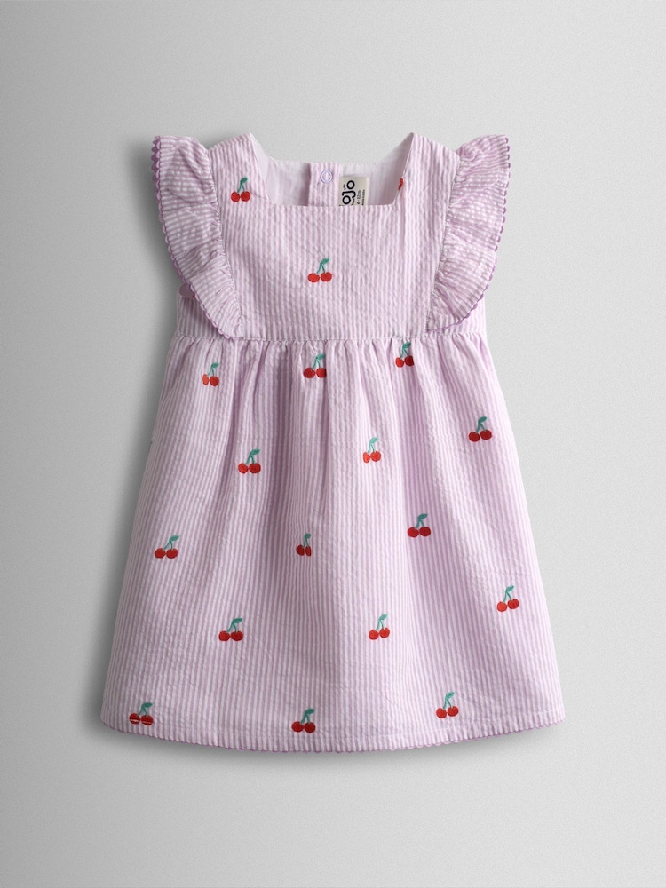 JoJo Maman Bébé Lilac Purple Cherry Embroidered Stripe Dress & Hat Set - Image 2 of 9