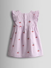 JoJo Maman Bébé Lilac Purple Cherry Embroidered Stripe Dress & Hat Set - Image 3 of 9
