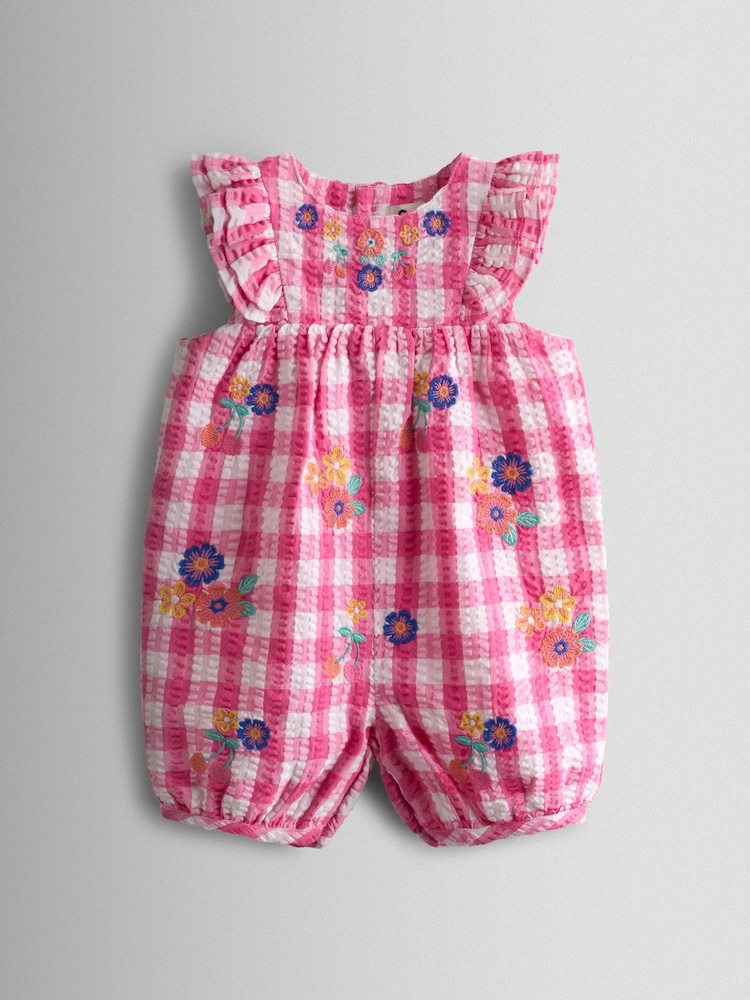 JoJo Maman Bébé Mid Pink Frill Shoulder Embroidered Romper - Image 1 of 4 JoJo Maman Bébé Mid Pink Frill Shoulder Embroidered Romper - Image 1 of 4