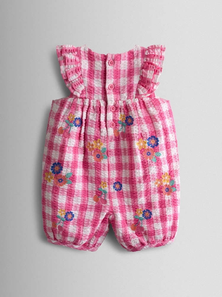 JoJo Maman Bébé Mid Pink Frill Shoulder Embroidered Romper - Image 2 of 4 JoJo Maman Bébé Mid Pink Frill Shoulder Embroidered Romper - Image 2 of 4