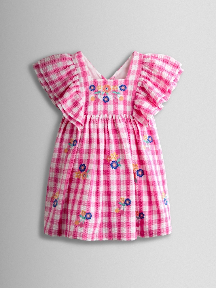 JoJo Maman Bébé Bright Floral Embroidered Gingham Dress - Slika 1 iz 4 JoJo Maman Bébé Bright Floral Embroidered Gingham Dress - Slika 1 iz 4