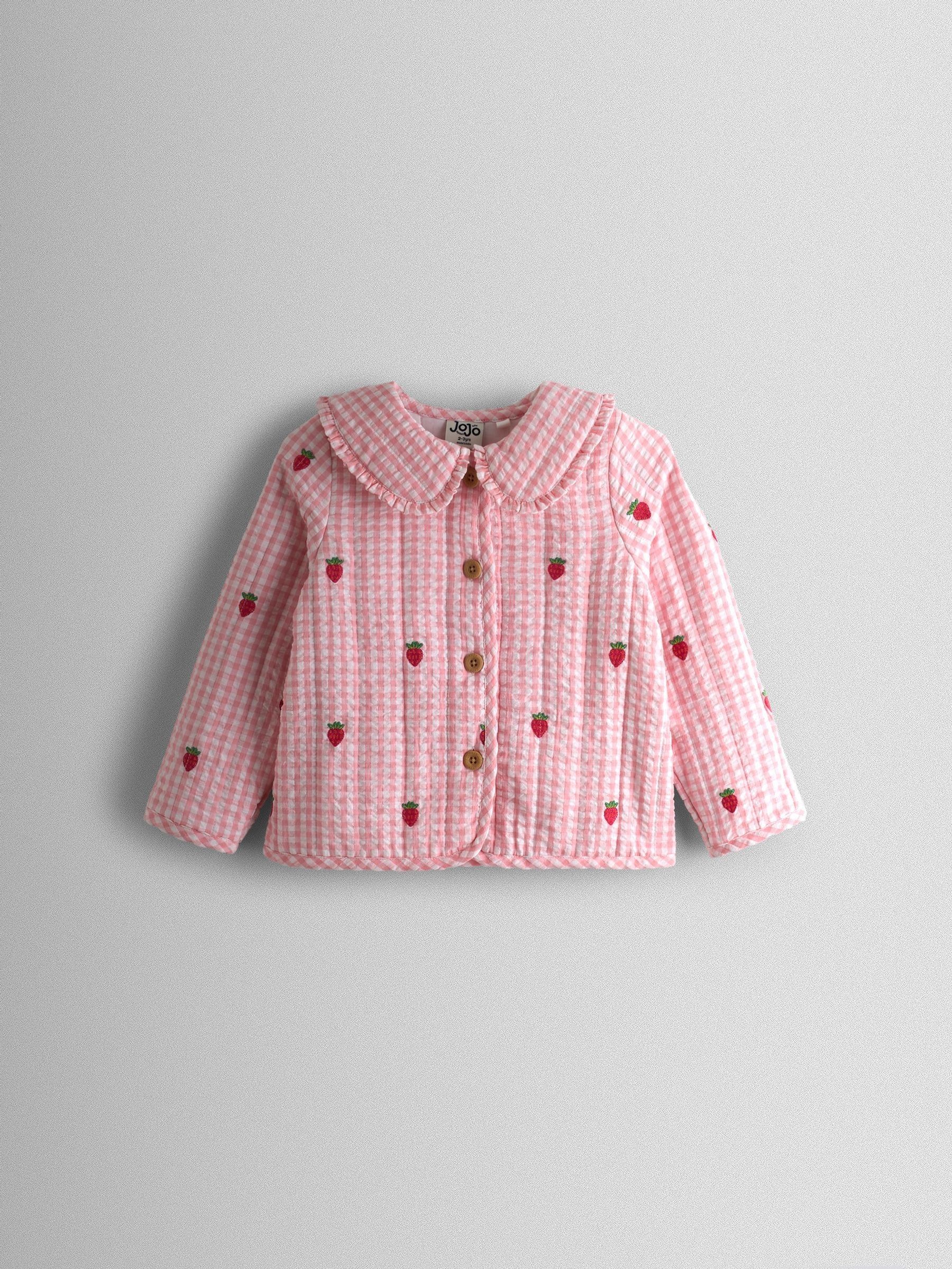 Pink Strawberry Embroidered Gingham Quilted Jacket