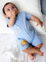 JoJo Maman Bébé Blue Safari Appliqué Organic Cotton Short Sleeved Zip Sleepsuit - Image 1 of 4