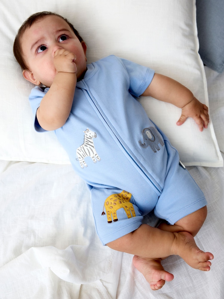 JoJo Maman Bébé Blue Safari Appliqué Organic Cotton Short Sleeved Zip Sleepsuit - Image 1 of 4 JoJo Maman Bébé Blue Safari Appliqué Organic Cotton Short Sleeved Zip Sleepsuit - Image 1 of 4