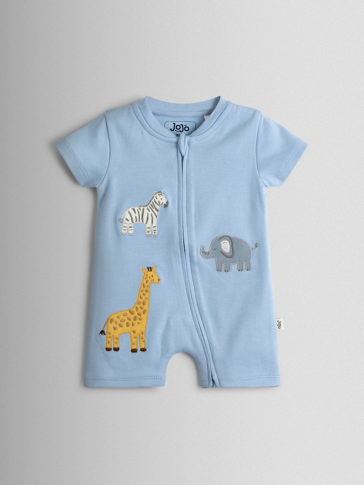 JoJo Maman Bébé Blue Safari Appliqué Organic Cotton Short Sleeved Zip Sleepsuit - Image 2 of 4 JoJo Maman Bébé Blue Safari Appliqué Organic Cotton Short Sleeved Zip Sleepsuit - Image 2 of 4