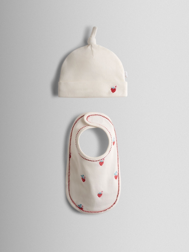 JoJo Maman Bébé Red Strawberry Embroidered Hat and Bib Set - Image 1 of 4 JoJo Maman Bébé Red Strawberry Embroidered Hat and Bib Set - Image 1 of 4