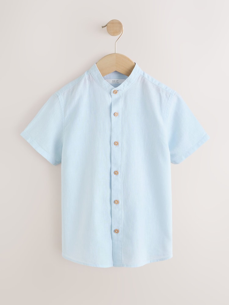Pale Blue Short Sleeve Linen Blend Grandad Collar Shirt (3-16yrs) - Image 1 of 5