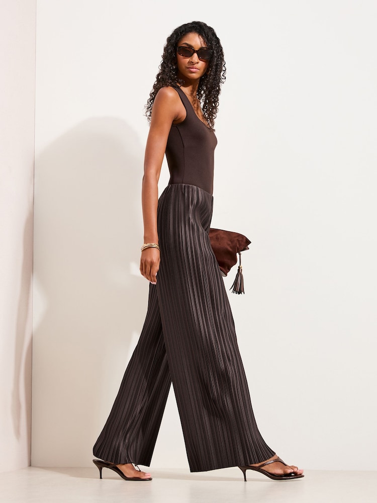 Friends Like These Chocolate Brown Pleated Elasticated Waist Trousers - Image 1 of 4