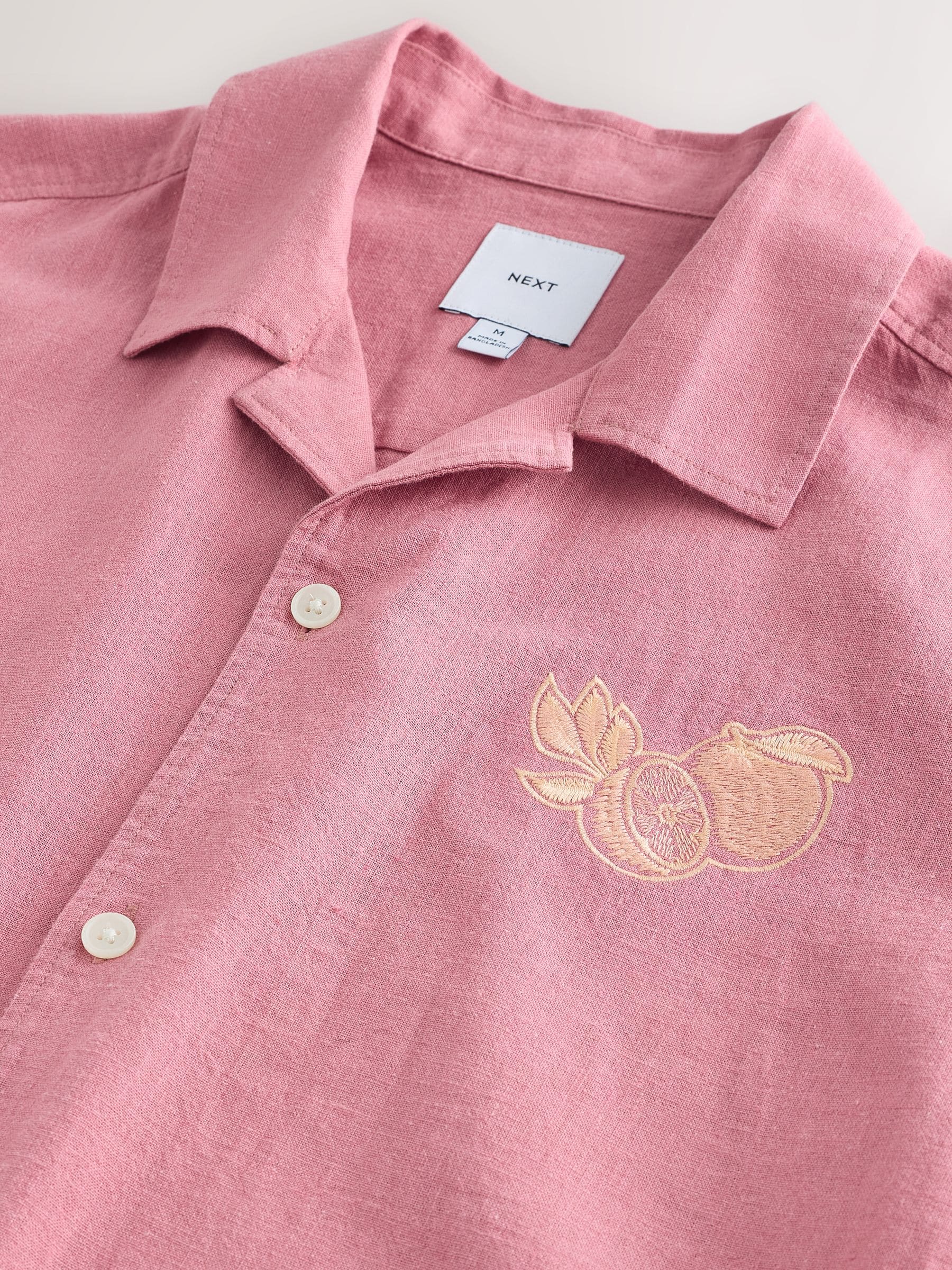 Buy Pink Relaxed Fit Back Print Linen Blend Revere Collar Short