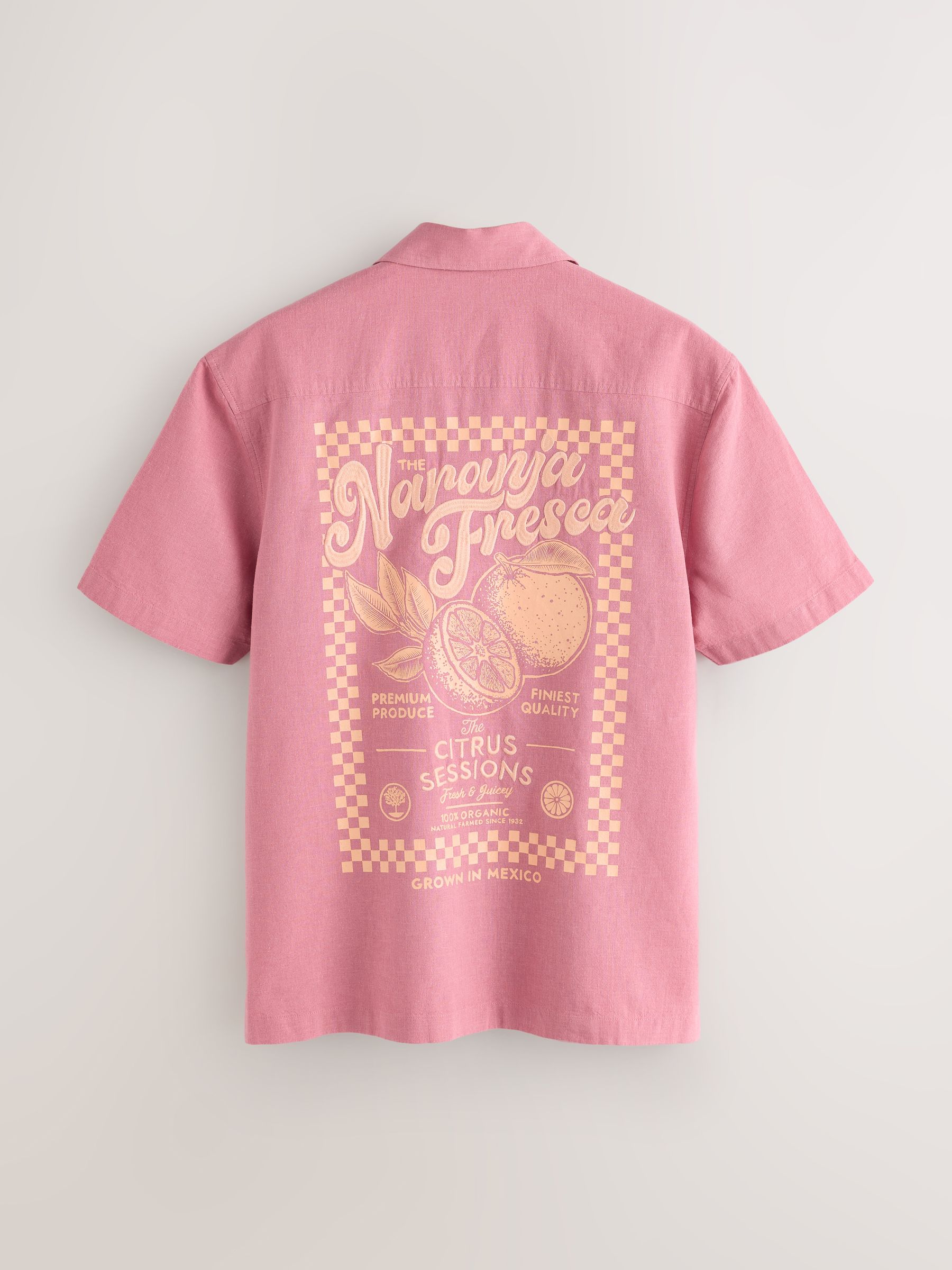 Buy Pink Relaxed Fit Back Print Linen Blend Revere Collar Short