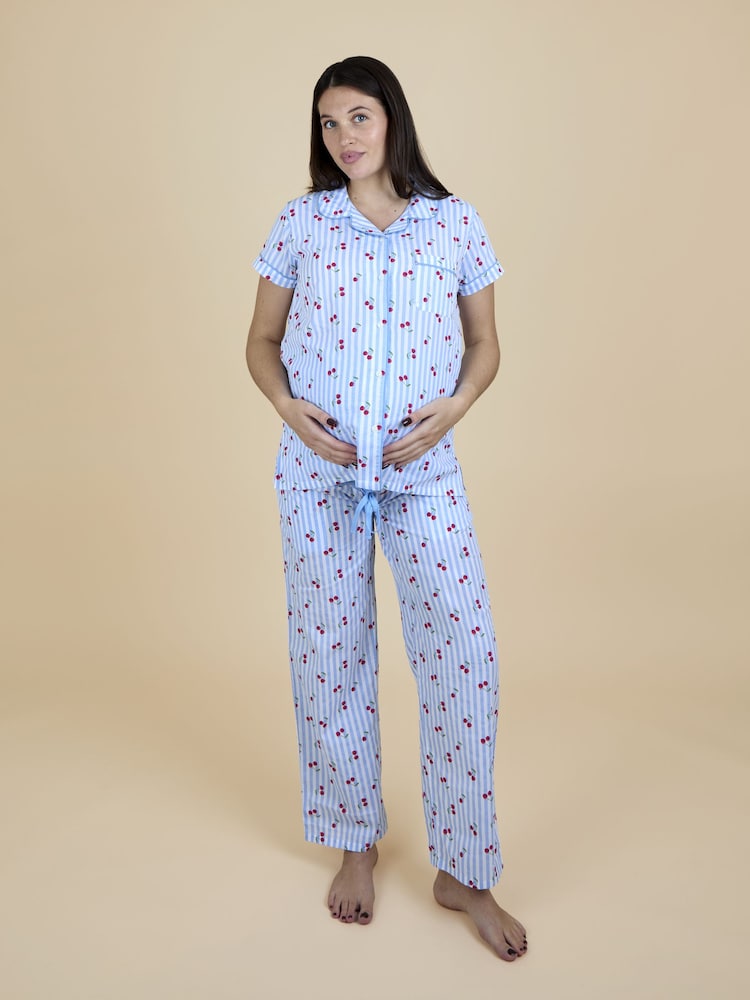 JoJo Maman Bébé Light Blue Cherry Stripe Maternity Pyjamas Set - Image 1 of 6 JoJo Maman Bébé Light Blue Cherry Stripe Maternity Pyjamas Set - Image 1 of 6