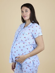 JoJo Maman Bébé Light Blue Cherry Stripe Maternity Pyjamas Set - Image 4 of 6