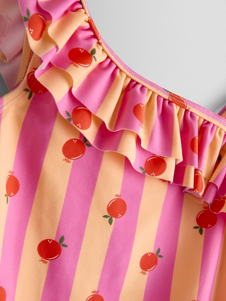 JoJo Maman Bébé Pink Orange Stripe Asymmetric Ruffle Swimsuit - Image 4 of 4